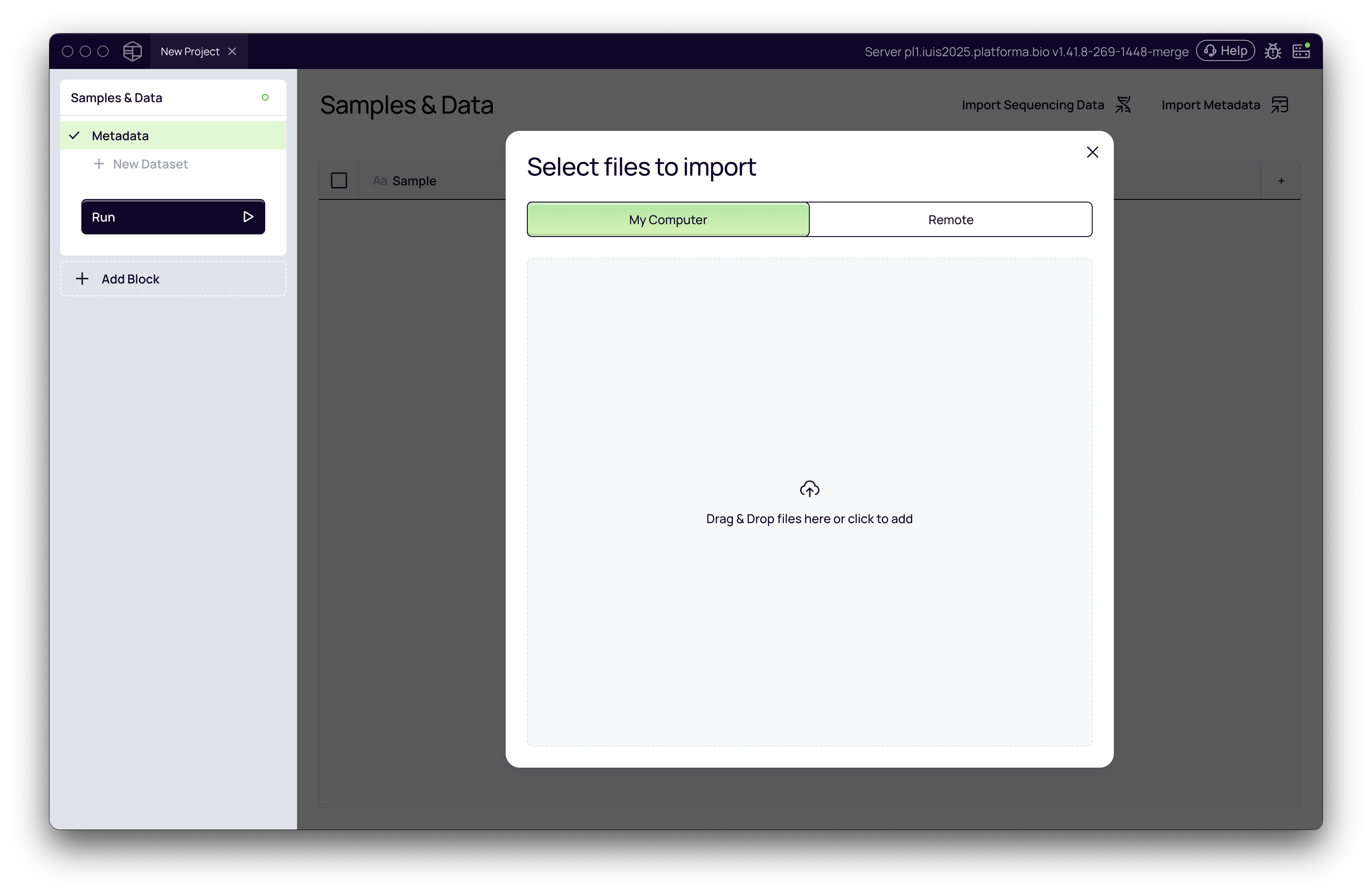 SCREENSHOT: Platforma home screen with "New Project" dialog open