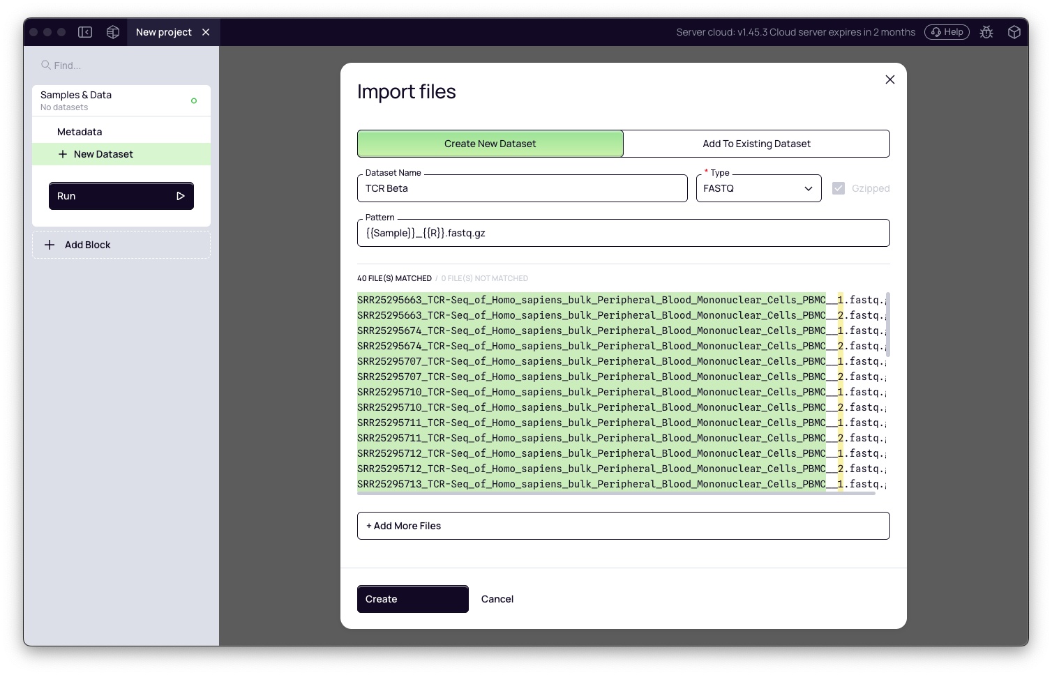 SCREENSHOT: FASTQ import dialog showing auto-detected R1/R2 pairs and sample names