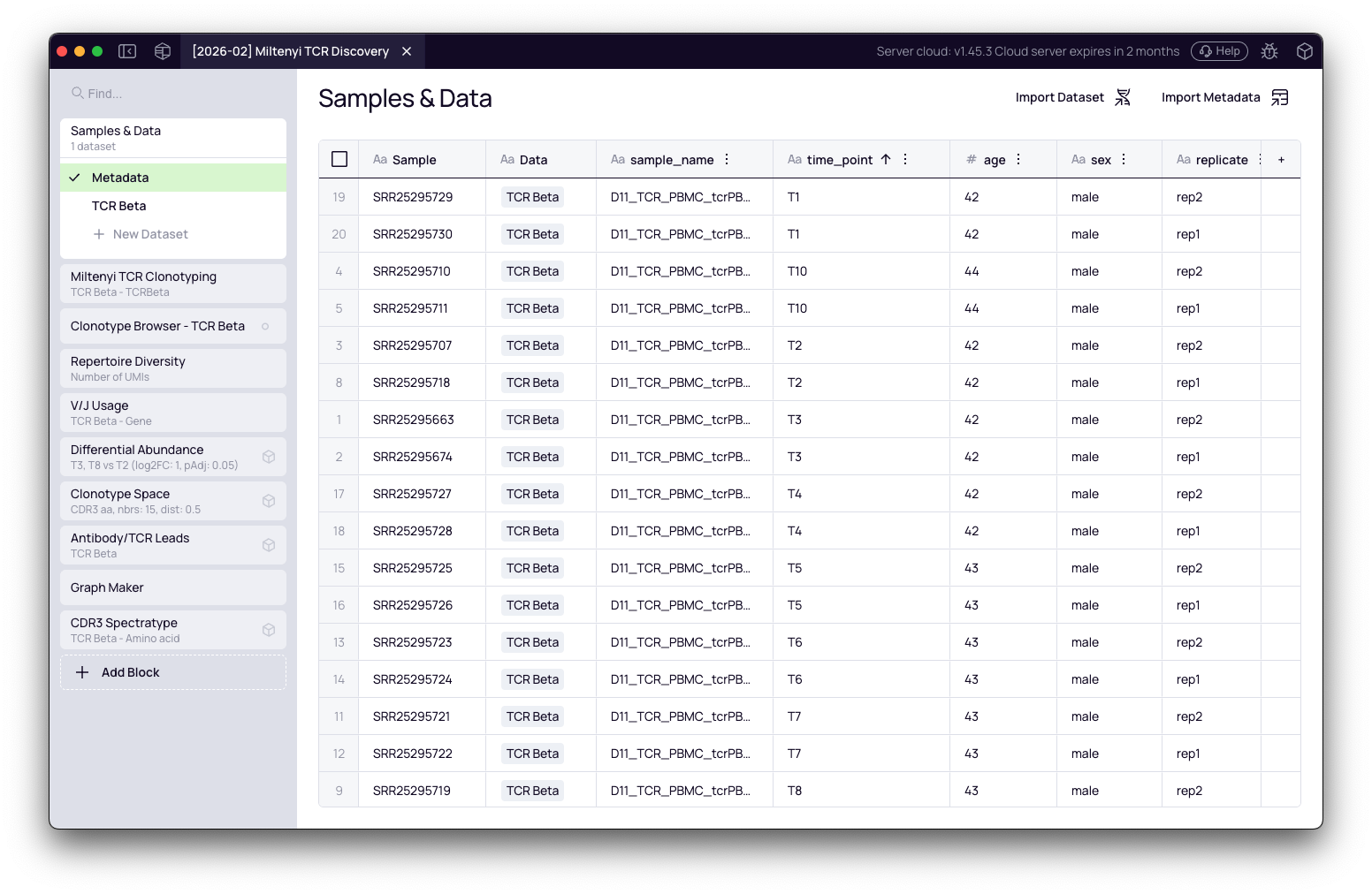 SCREENSHOT: Metadata import panel showing column mapping — sample ID matched to time point column
