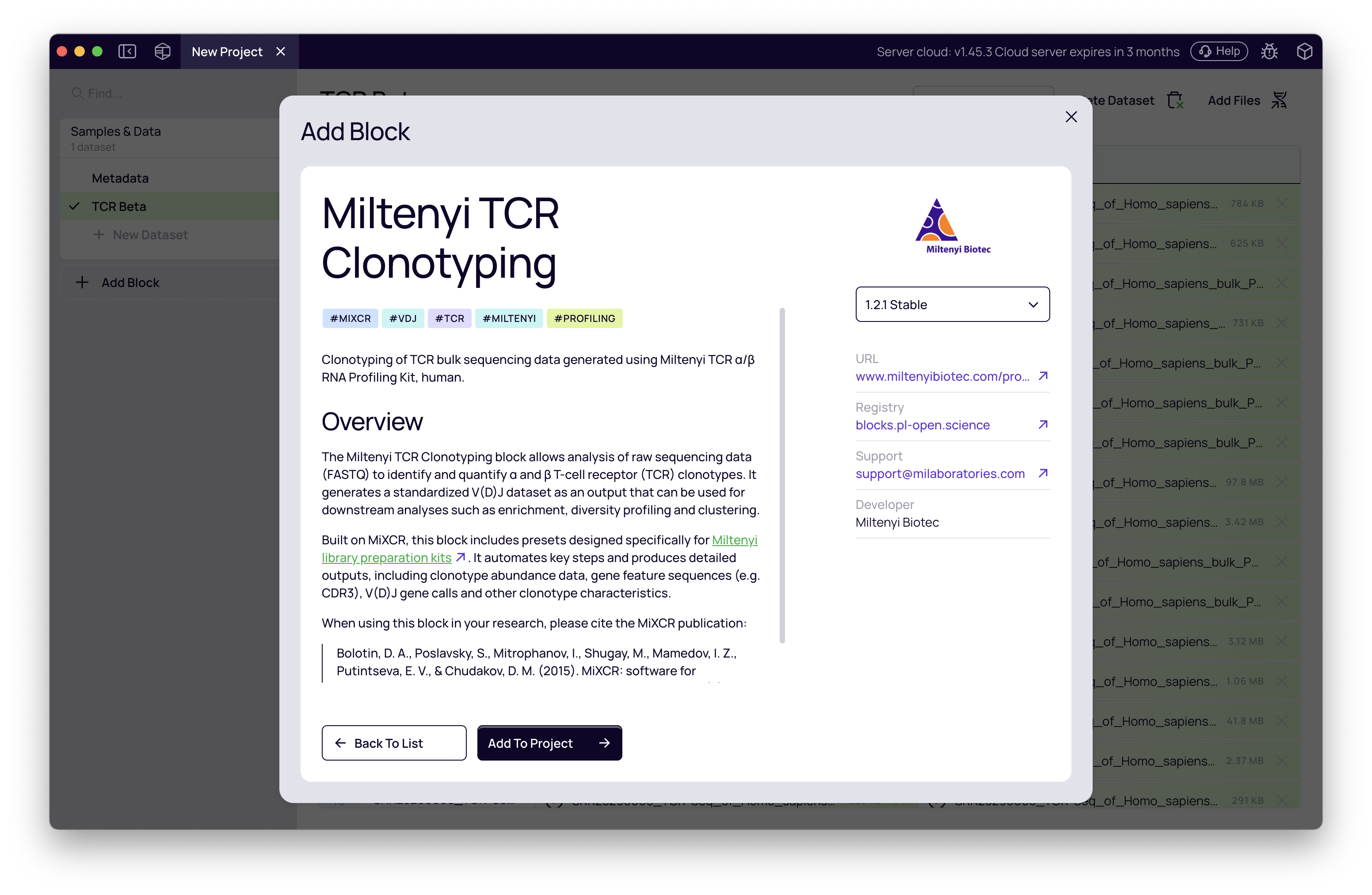 SCREENSHOT: Add Block modal with "Miltenyi TCR Clonotyping" highlighted in the catalog