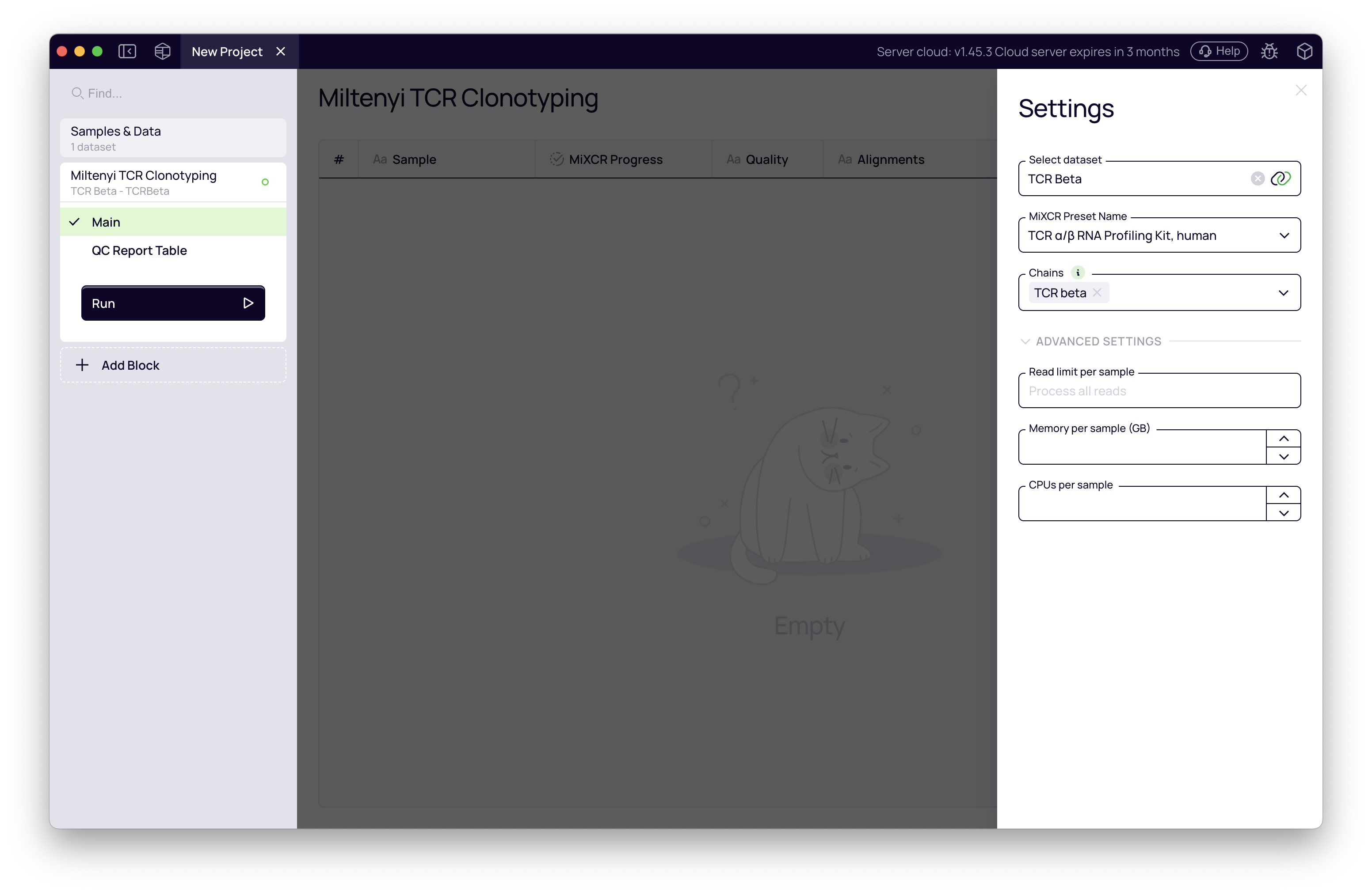 SCREENSHOT: Block settings panel showing preset "Human TCR RNA Multiplex", TCR beta checked