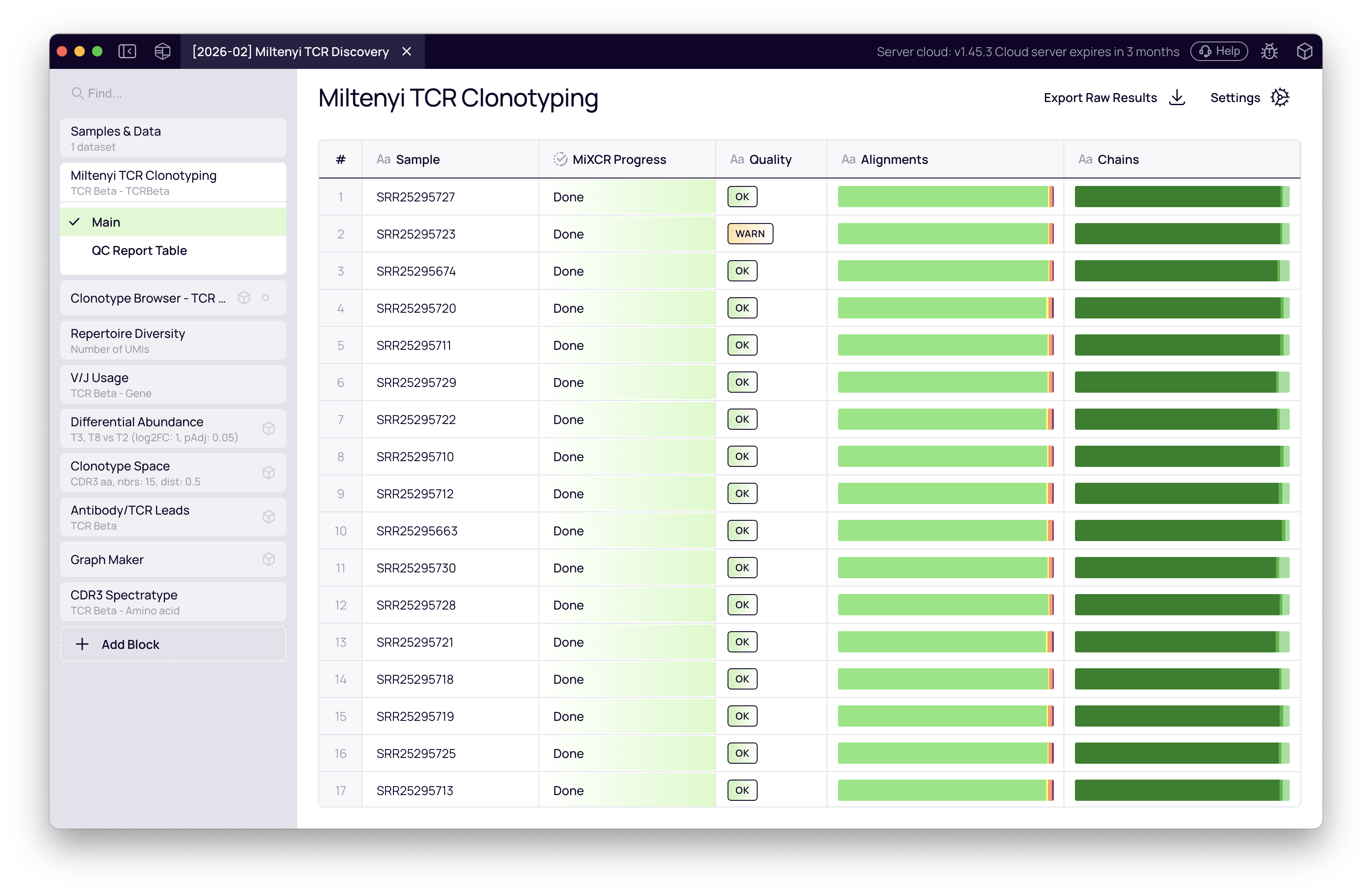 SCREENSHOT: QC overview table — all 20 samples listed, alignment bars mostly green, one WARN badge visible