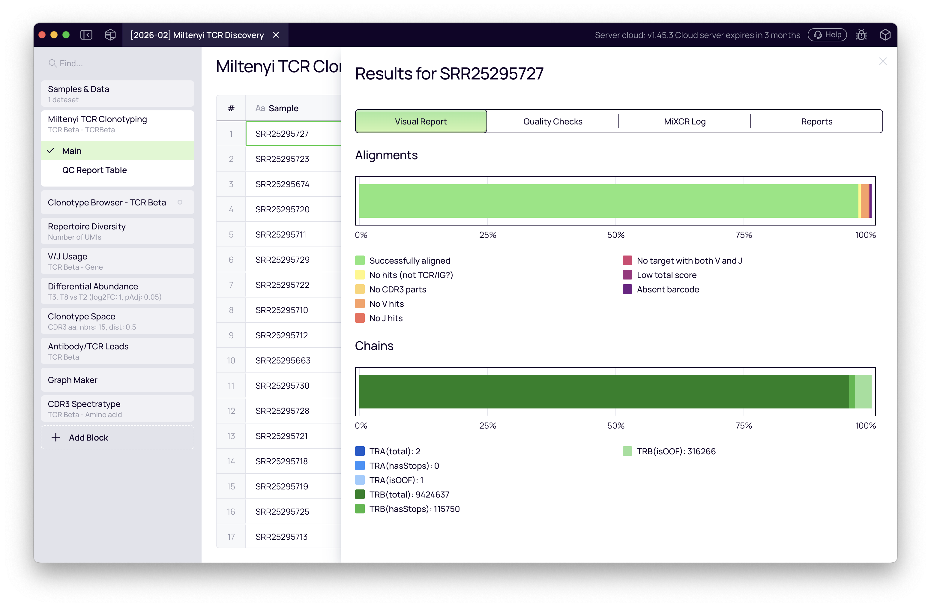 SCREENSHOT: Per-sample QC detail panel open for one sample — showing aligned reads %, reads used in clonotypes %, clonotype count, and one active warning