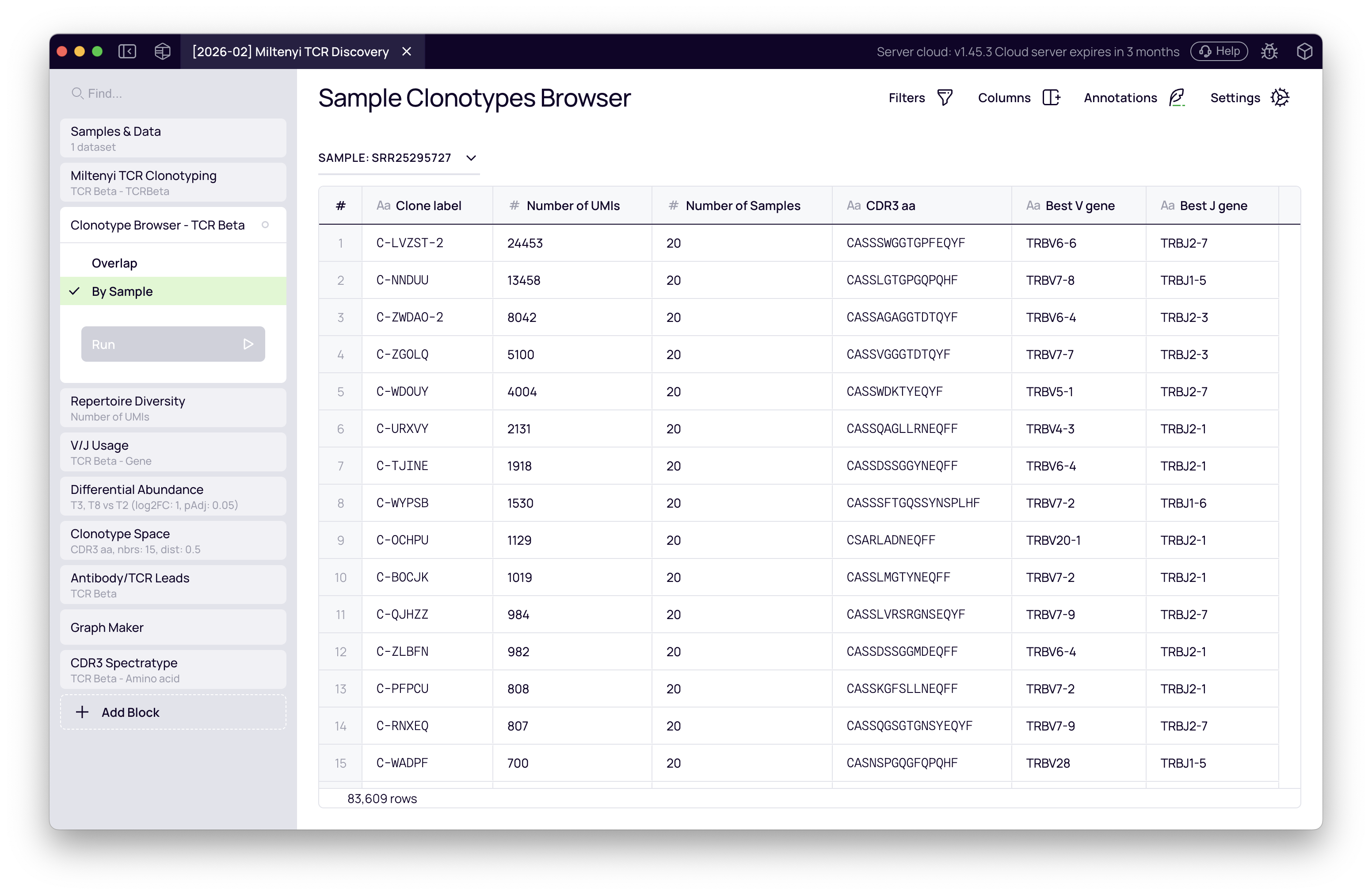 SCREENSHOT: Clonotype Browser block — showing top clonotypes with UMI fractions, CDR3 aa, V gene, J gene columns