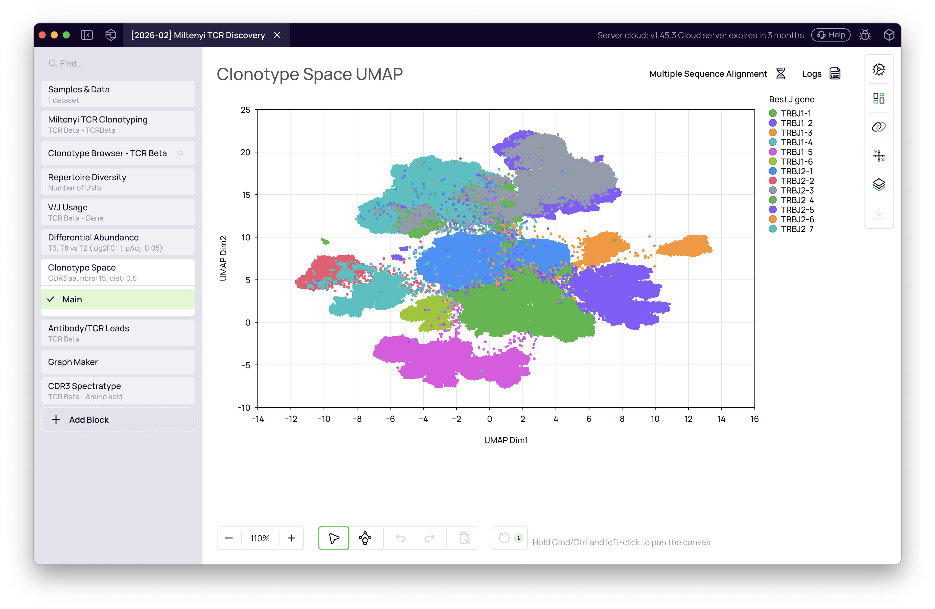 SCREENSHOT: Clonotype Space UMAP colored by J gene — distinct colored clusters visible across the map