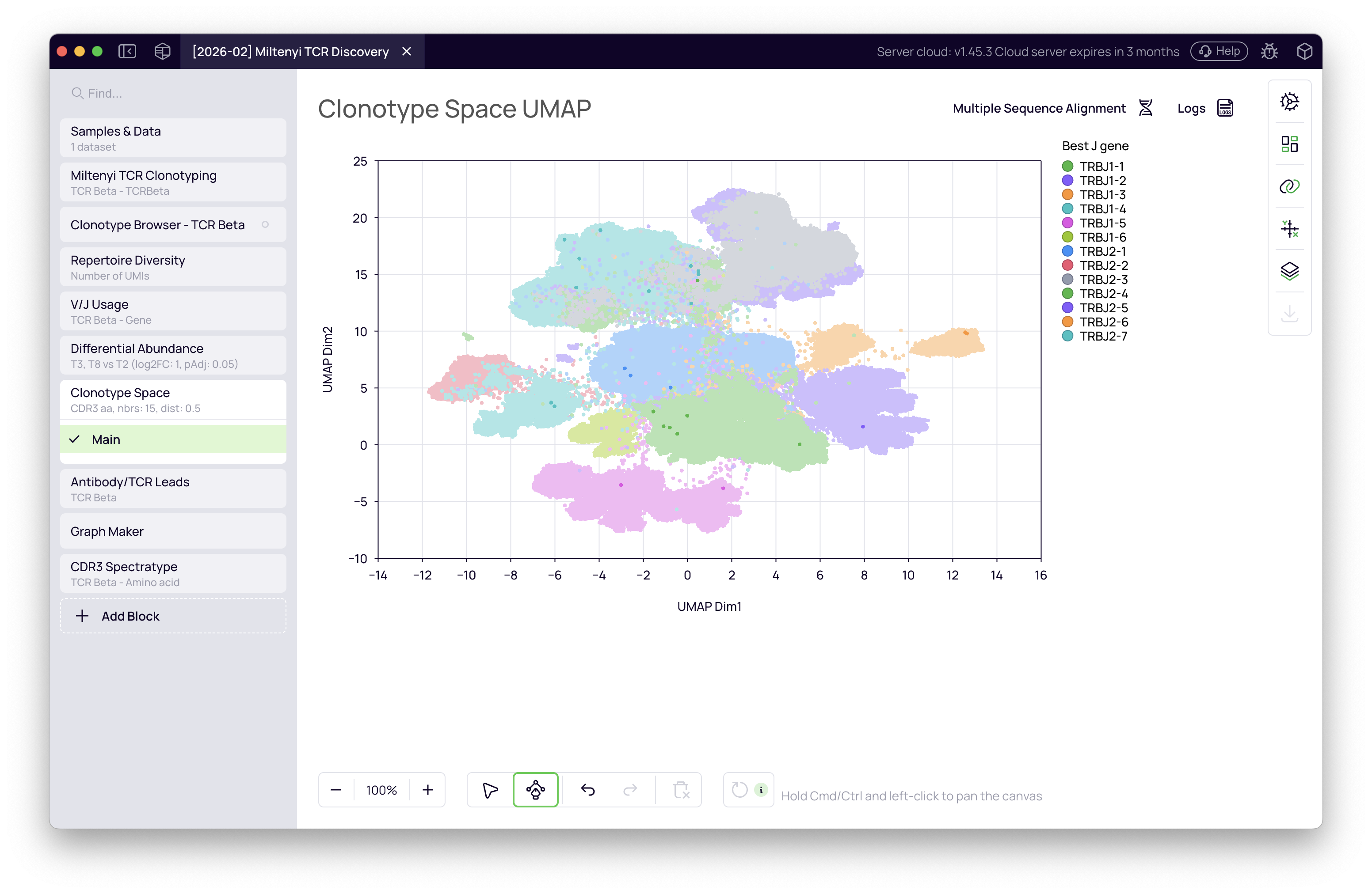 SCREENSHOT: Clonotype Space UMAP colored by J gene with T8-upregulated clonotypes highlighted — distinct colored dots standing out against grey background, concentrated in specific regions