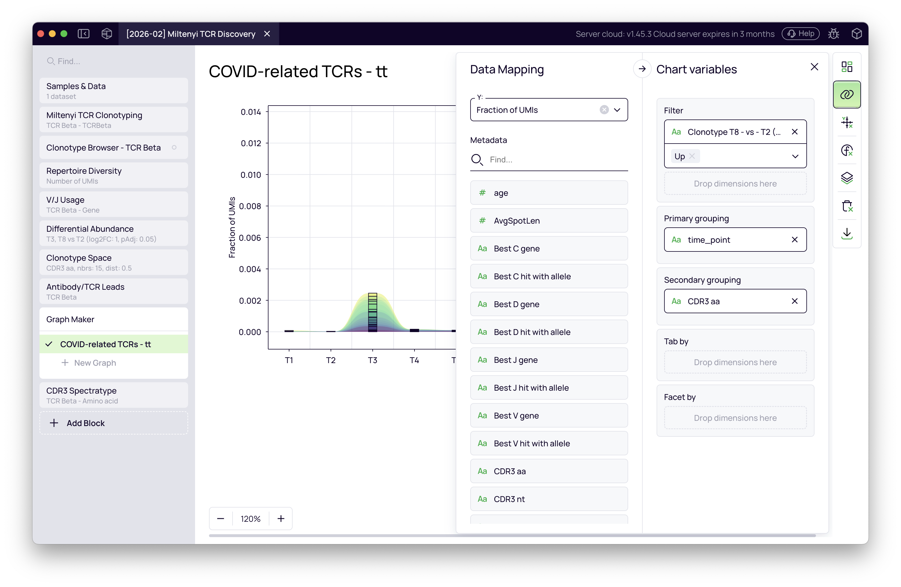SCREENSHOT: Graph Maker settings panel — stream area selected, time point on X, clonotype fraction on Y, T8 vs T2 upregulated filter applied, CDR3 aa as color